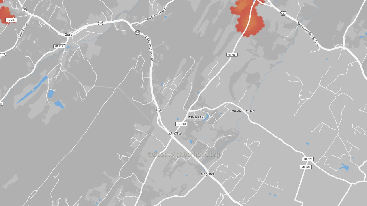 Walk Grade map of Hayfield, VA, walkable areas in green and car-dependent areas in red