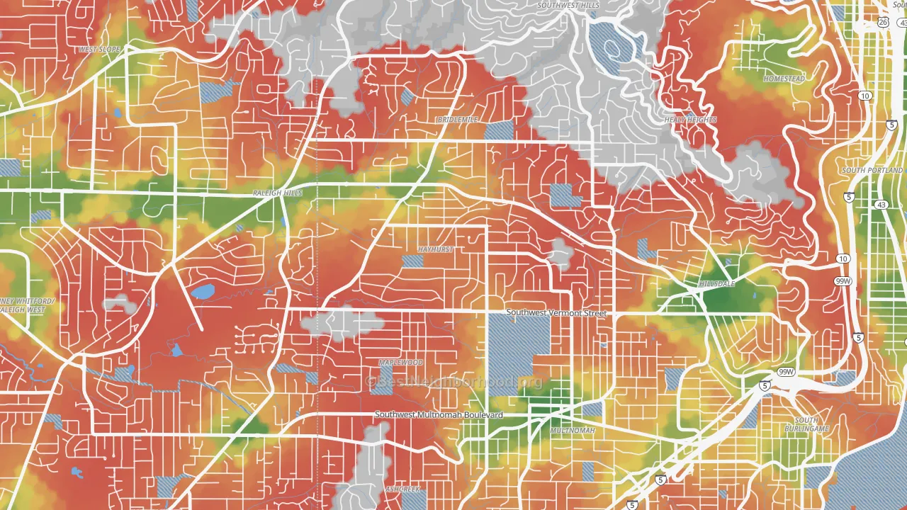 Walk Grade map of Hayhurst, Portland, OR, walkable areas in green and car-dependent areas in red