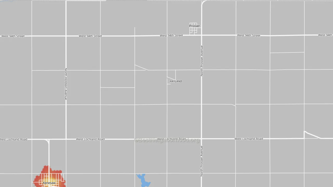 Walk Grade map of Hayland, NE, walkable areas in green and car-dependent areas in red
