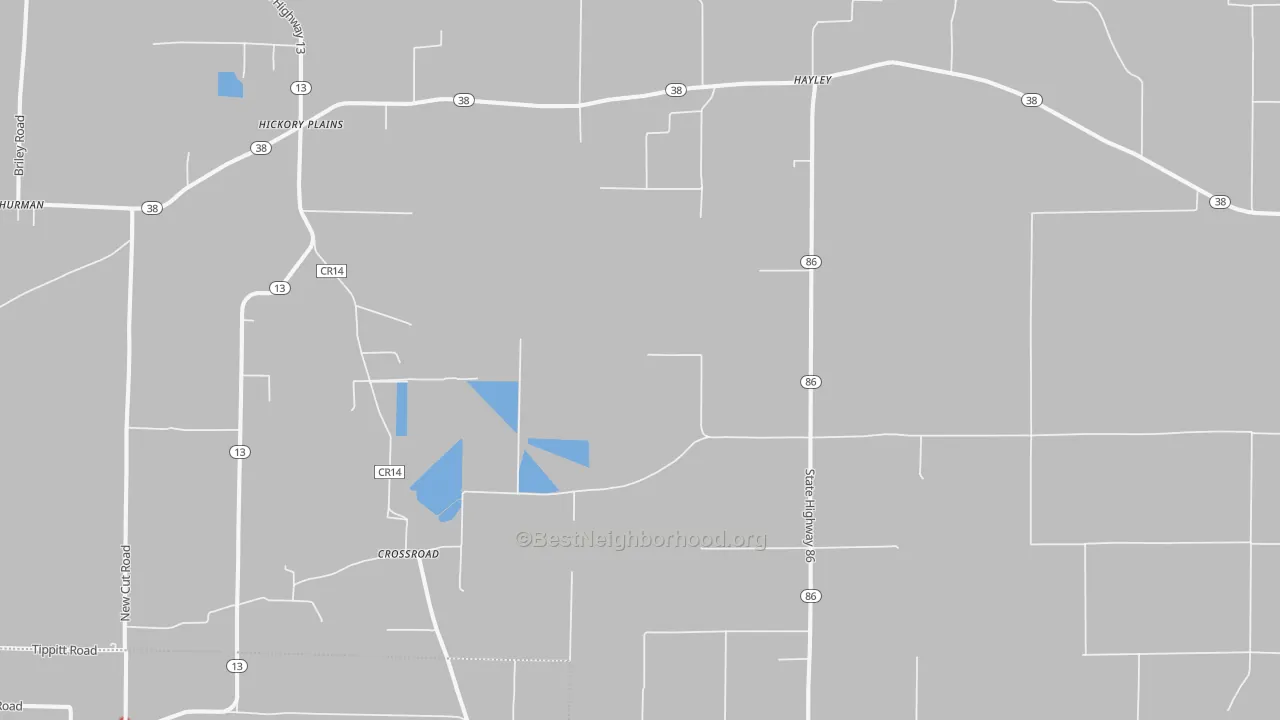 Walk Grade map of Hayley, AR, walkable areas in green and car-dependent areas in red