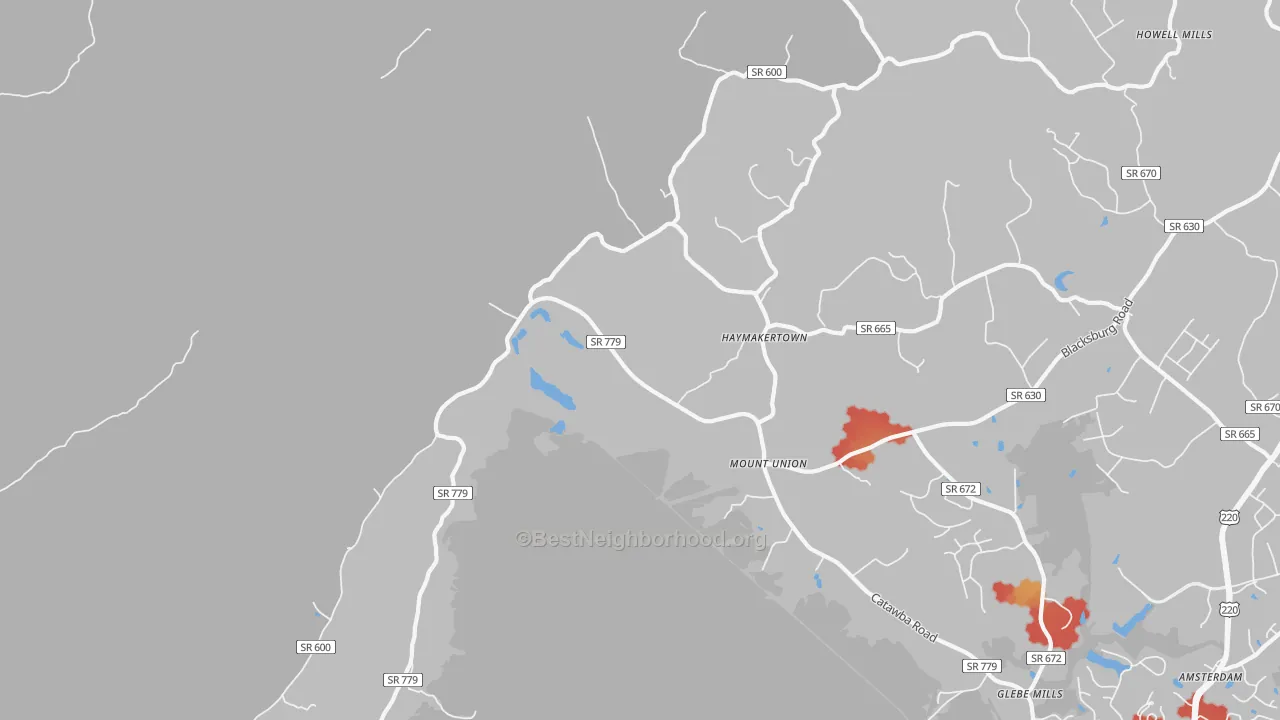 Walk Grade map of Haymakertown, VA, walkable areas in green and car-dependent areas in red