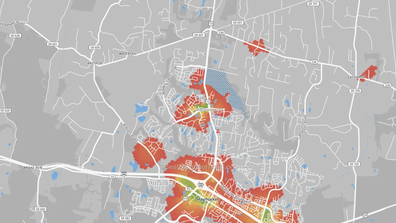 Walk Grade map of Haymarket, VA, walkable areas in green and car-dependent areas in red