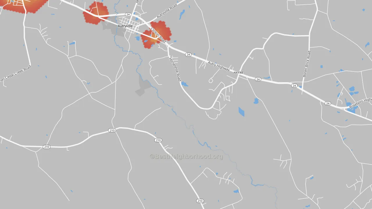 Walk Grade map of Hayne, NC, walkable areas in green and car-dependent areas in red