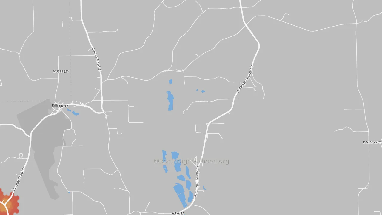 Walk Grade map of Haynes, AL, walkable areas in green and car-dependent areas in red