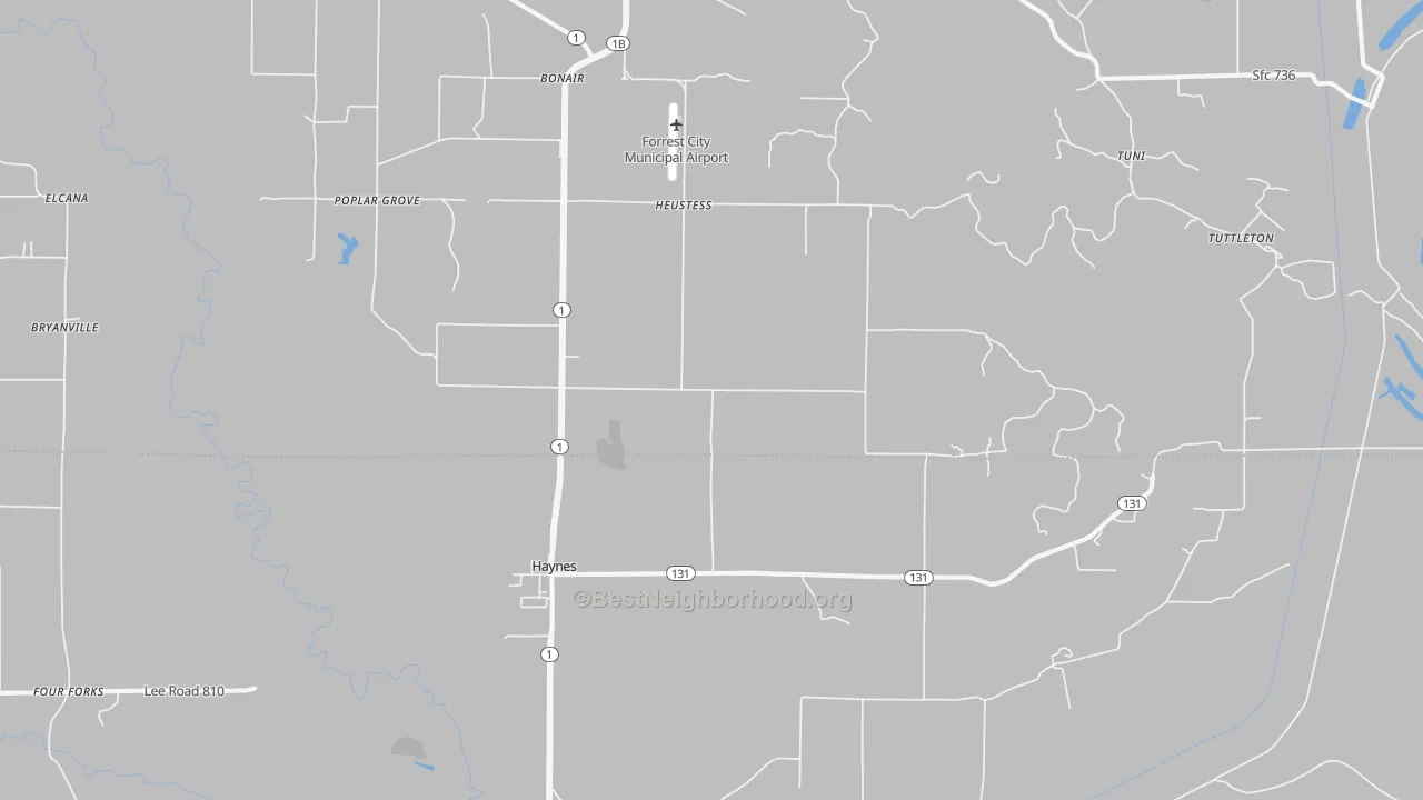 Walk Grade map of Haynes, AR, walkable areas in green and car-dependent areas in red
