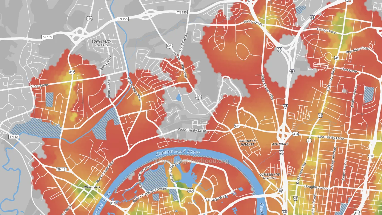 Walk Grade map of Haynes Area, Nashville, TN, walkable areas in green and car-dependent areas in red