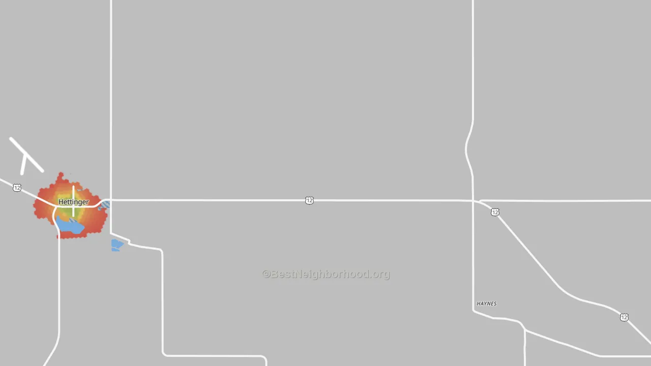 Walk Grade map of Haynes, ND, walkable areas in green and car-dependent areas in red