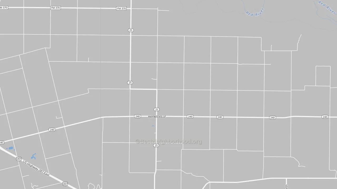Walk Grade map of Haynesville, TX, walkable areas in green and car-dependent areas in red