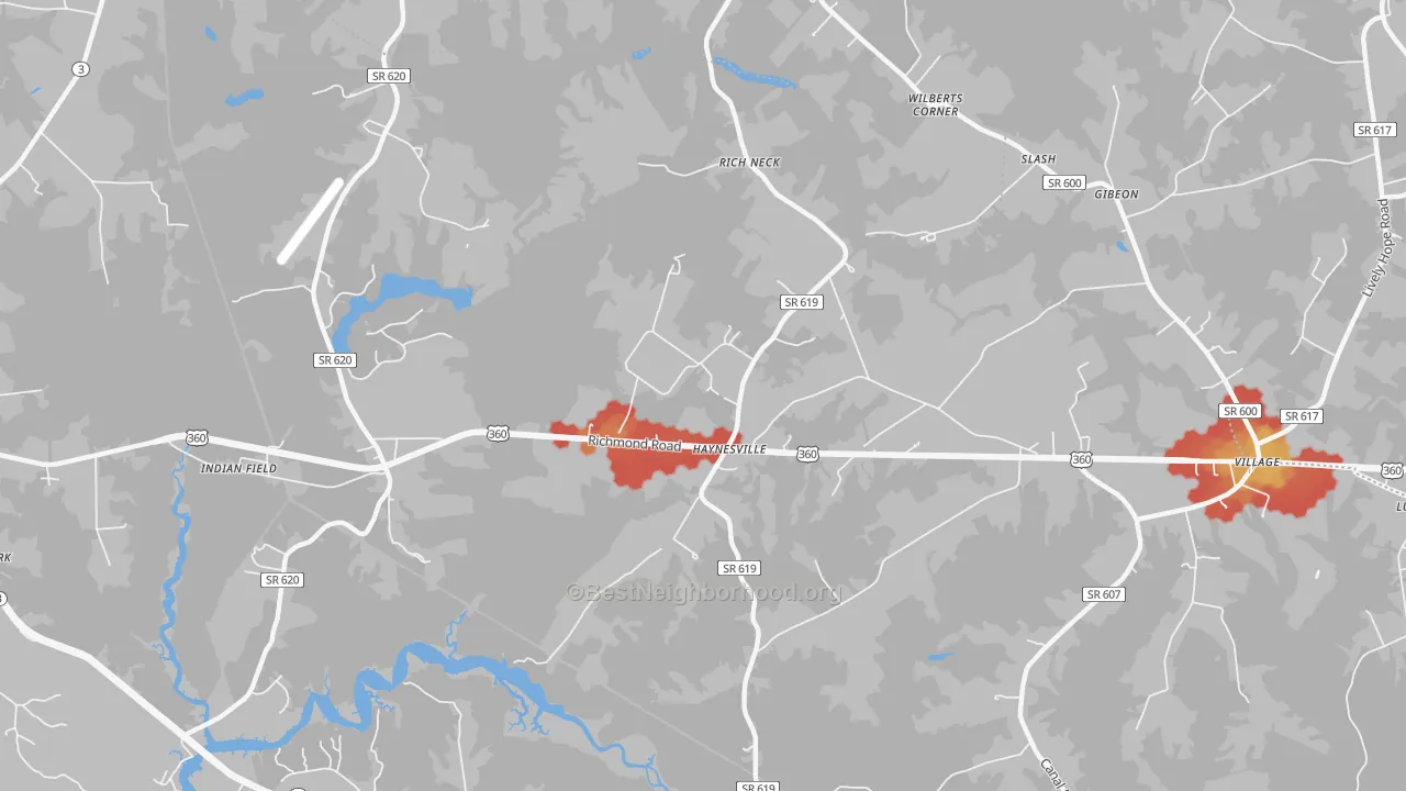 Walk Grade map of Haynesville, VA, walkable areas in green and car-dependent areas in red