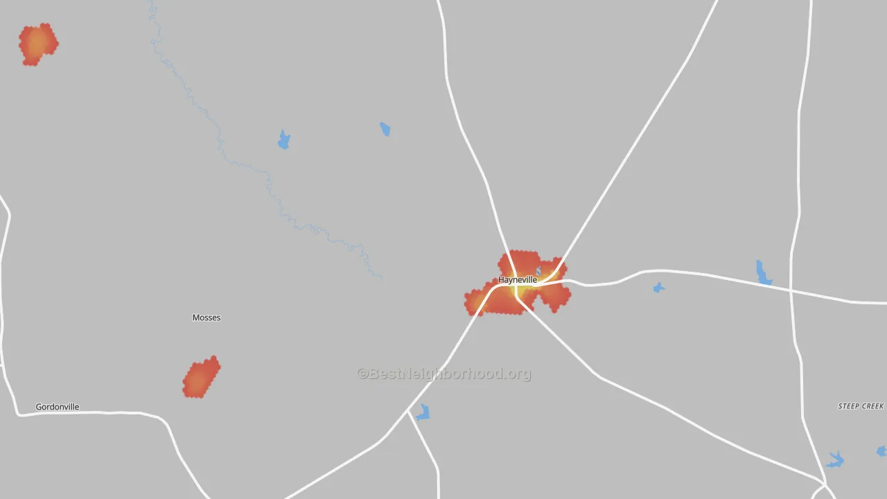 Walk Grade map of Hayneville, AL, walkable areas in green and car-dependent areas in red