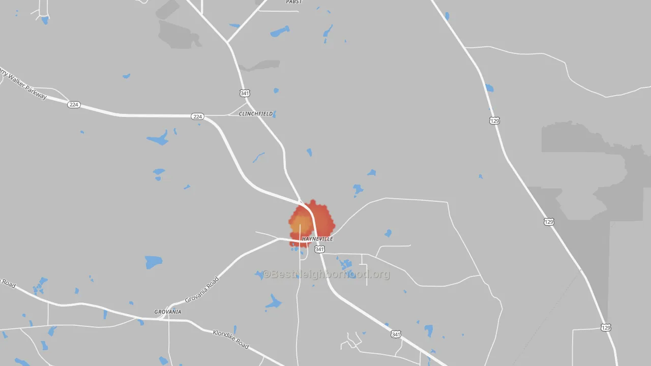 Walk Grade map of Hayneville, GA, walkable areas in green and car-dependent areas in red