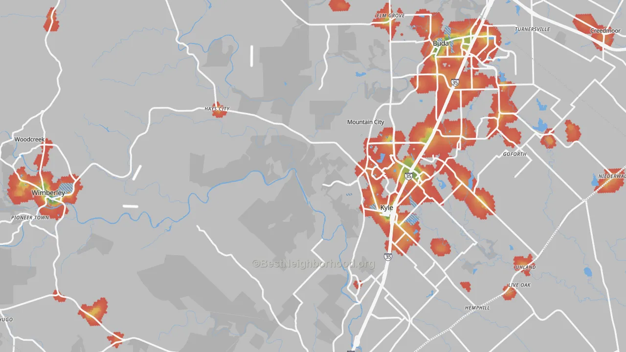 Walk Grade map of Hays County, TX, walkable areas in green and car-dependent areas in red