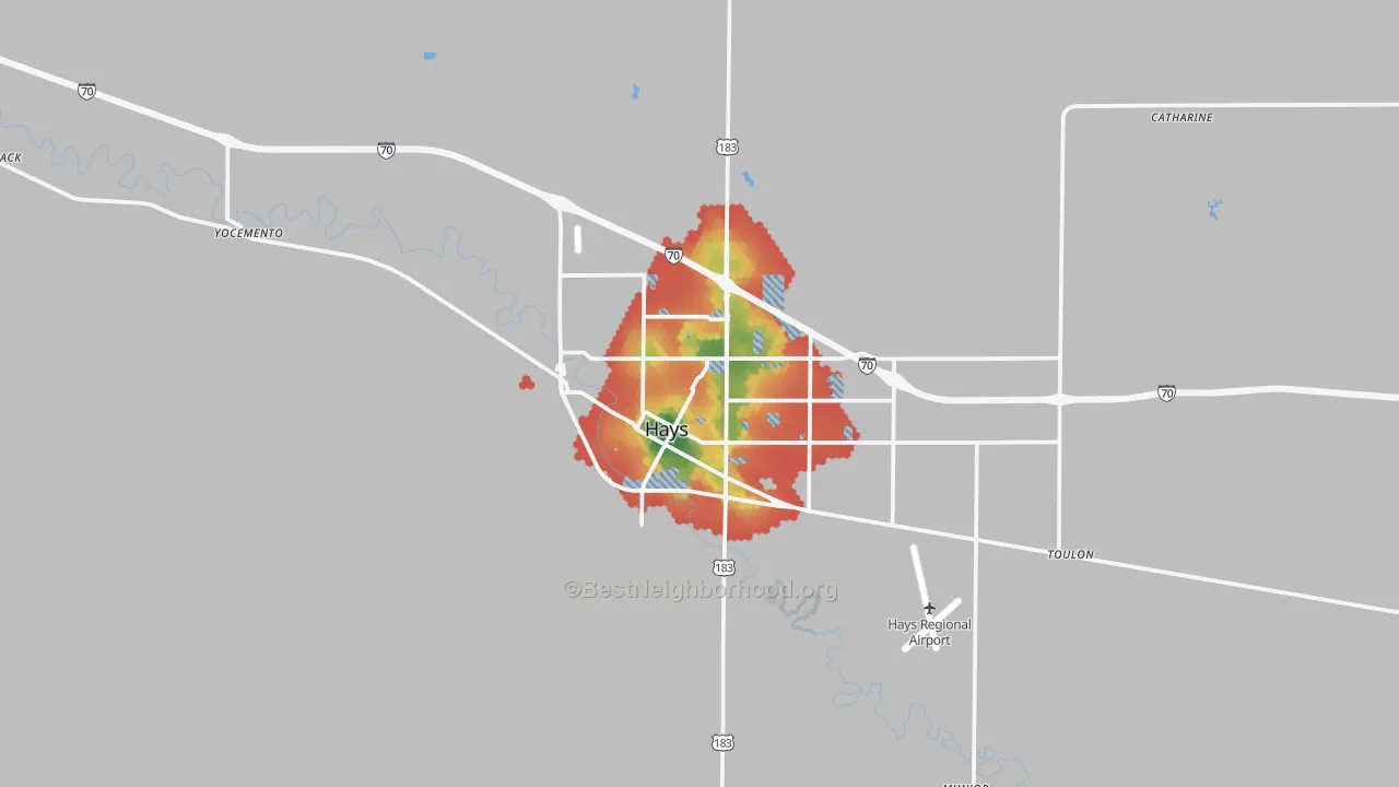 Walk Grade map of Hays, KS, walkable areas in green and car-dependent areas in red