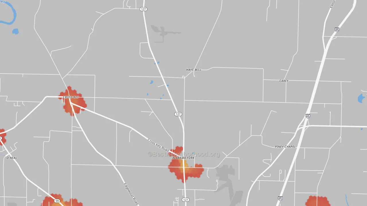 Walk Grade map of Hays Mill, AL, walkable areas in green and car-dependent areas in red