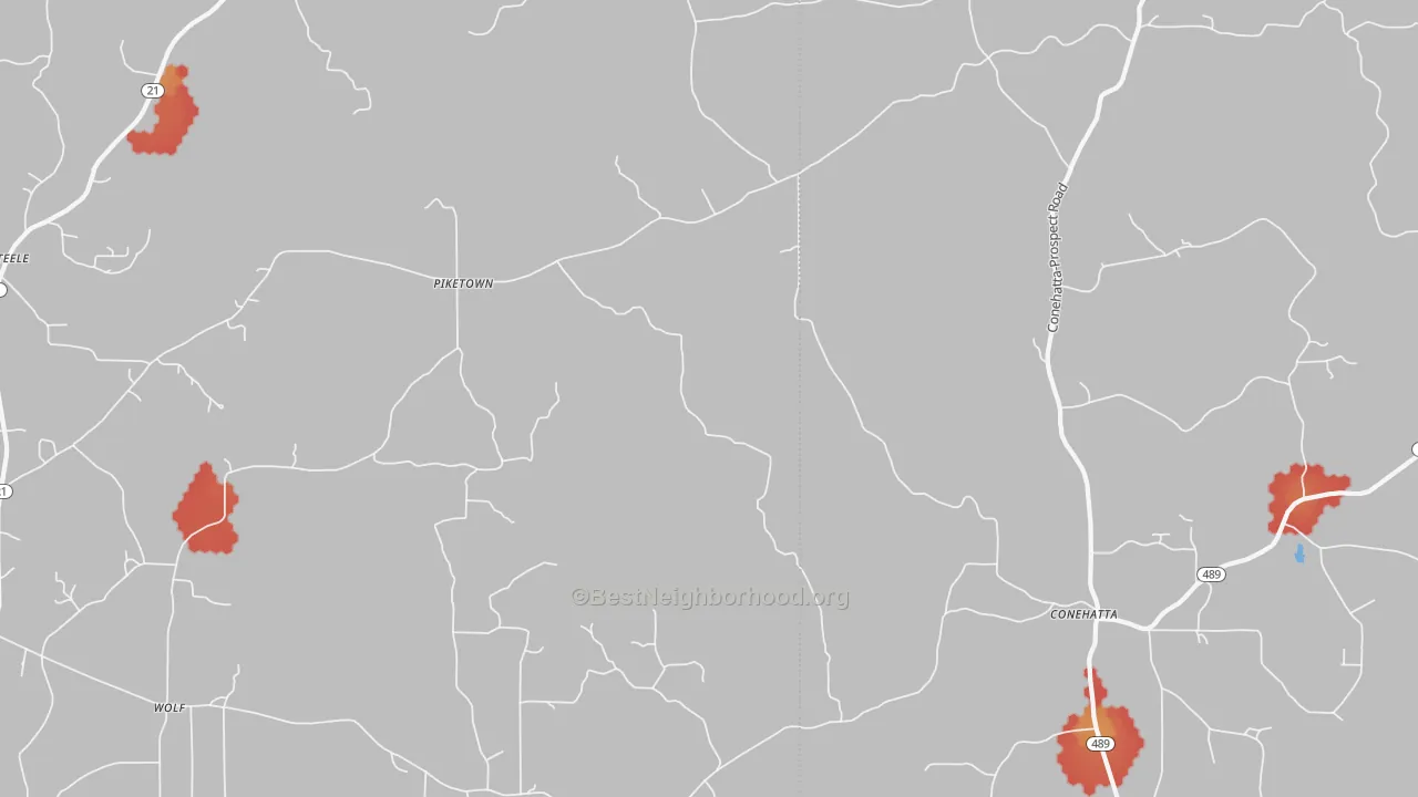 Walk Grade map of Hays, MS, walkable areas in green and car-dependent areas in red
