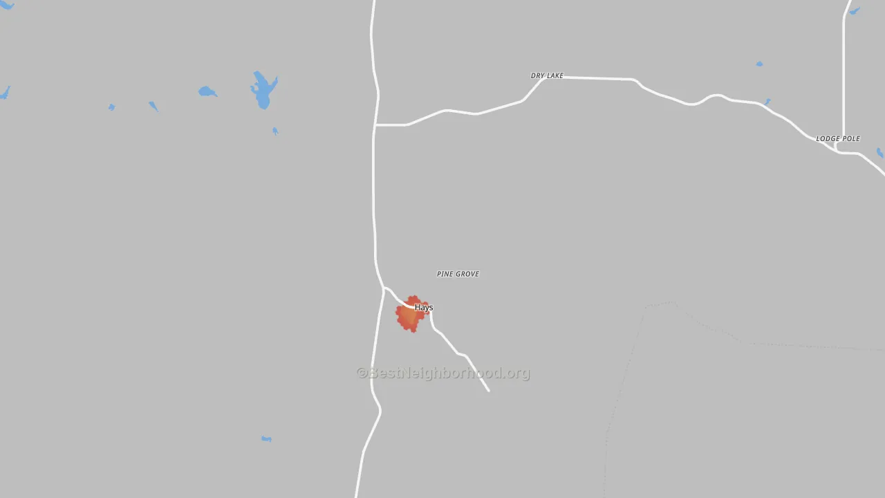 Walk Grade map of Hays, MT, walkable areas in green and car-dependent areas in red