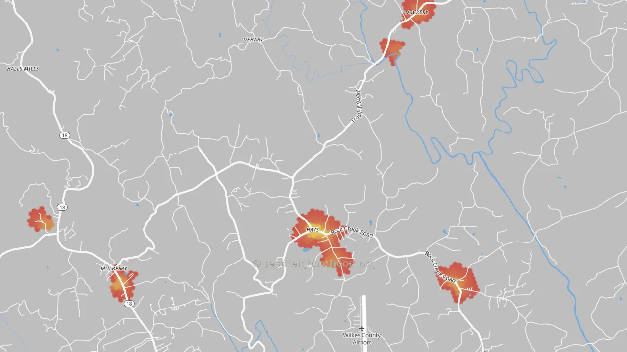 Walk Grade map of Hays, NC, walkable areas in green and car-dependent areas in red