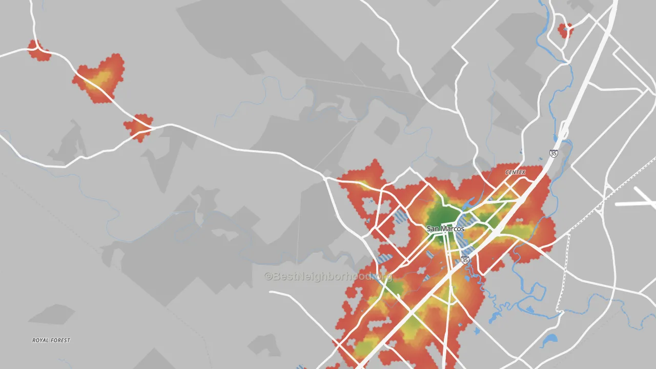 Walk Grade map of Hays, TX, walkable areas in green and car-dependent areas in red