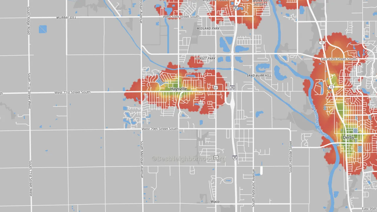 Walk Grade map of Haysville, KS, walkable areas in green and car-dependent areas in red