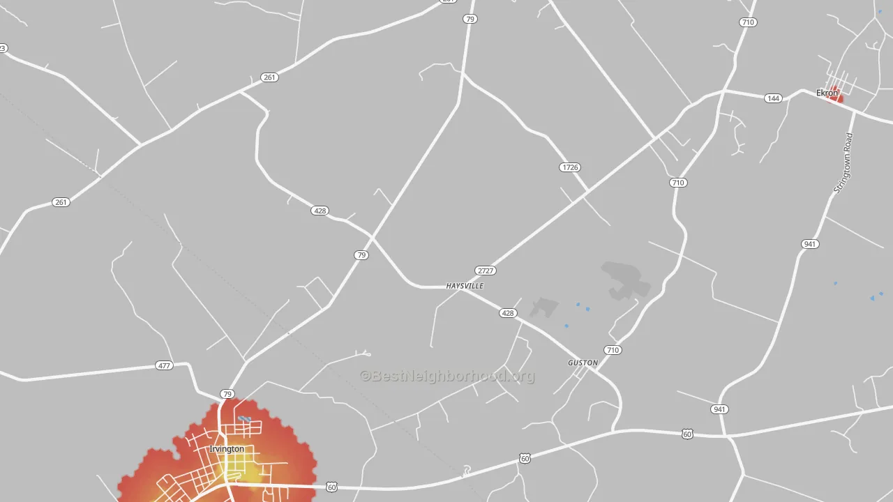 Walk Grade map of Haysville, KY, walkable areas in green and car-dependent areas in red