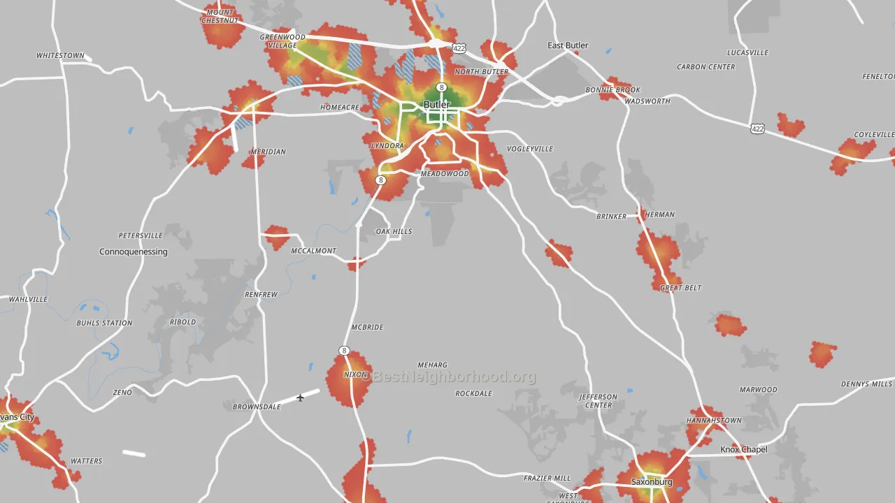 Walk Grade map of Haysville, PA, walkable areas in green and car-dependent areas in red