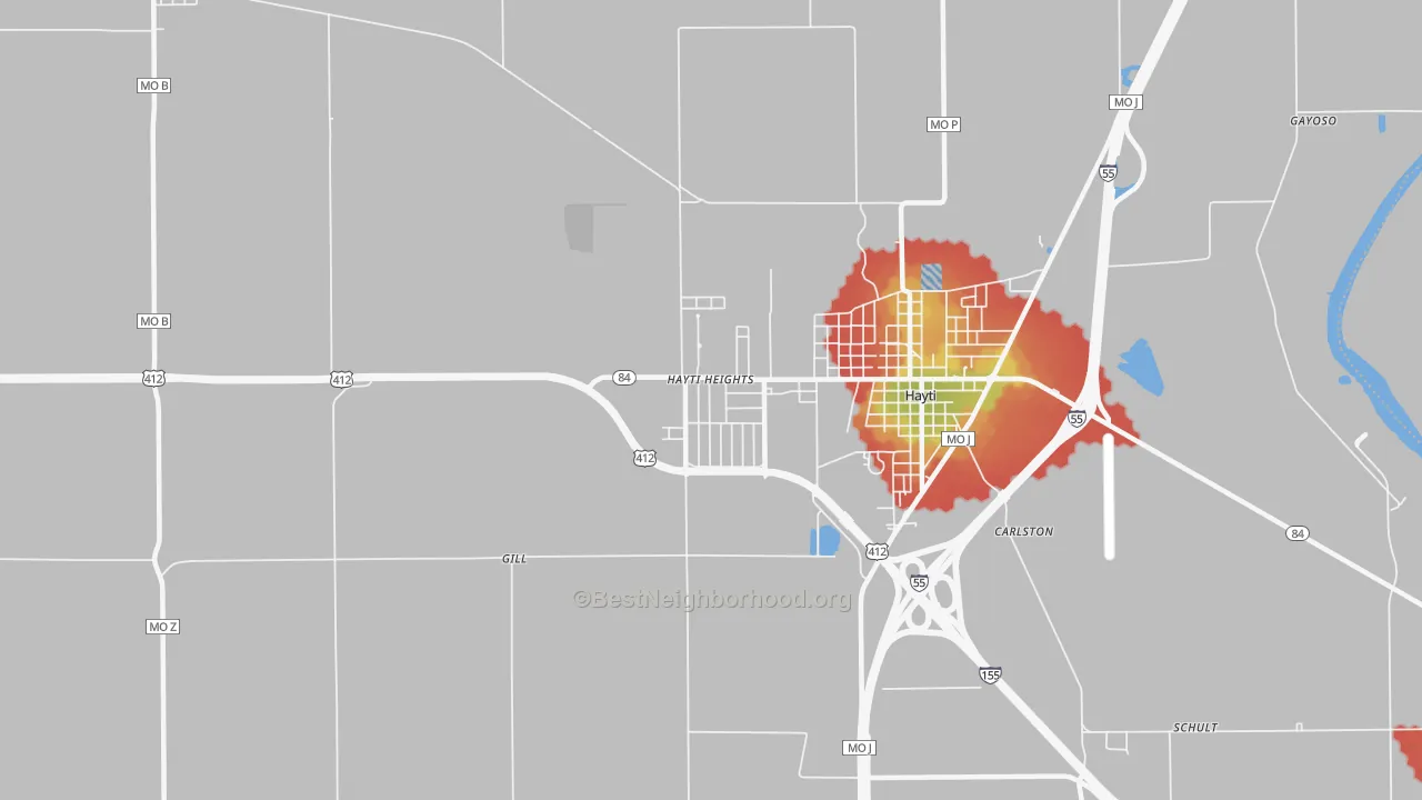 Walk Grade map of Hayti Heights, MO, walkable areas in green and car-dependent areas in red