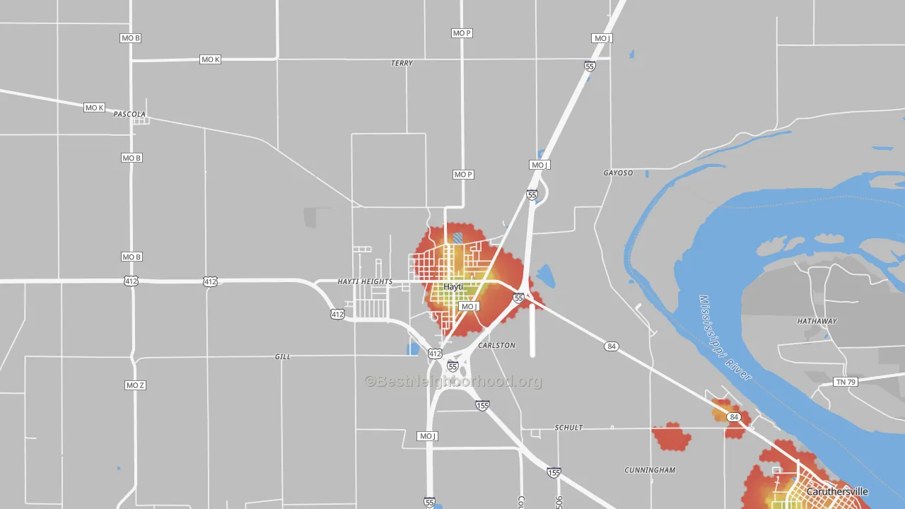 Walk Grade map of Hayti, MO, walkable areas in green and car-dependent areas in red