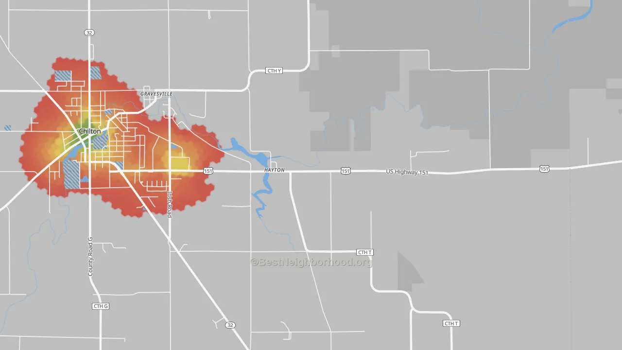 Walk Grade map of Hayton, WI, walkable areas in green and car-dependent areas in red