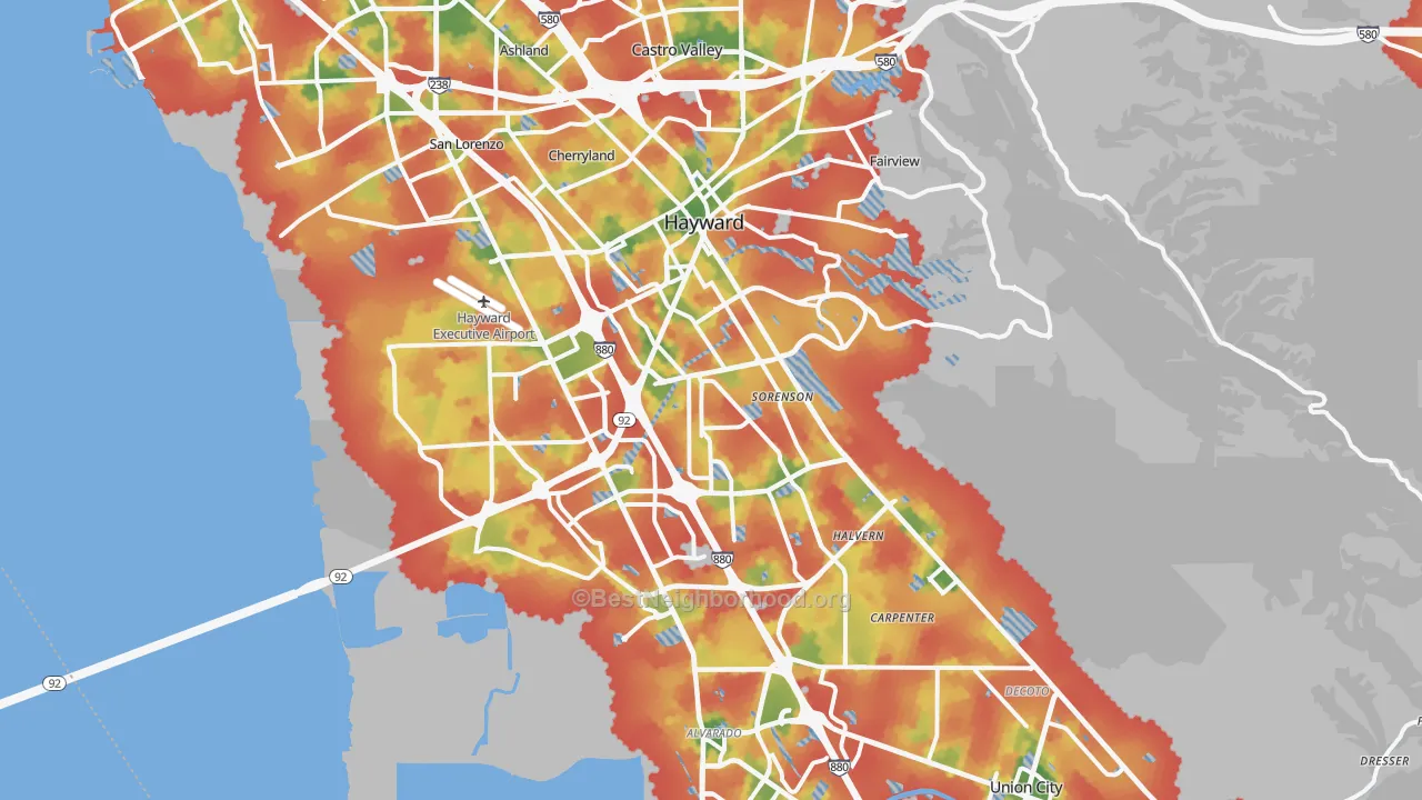 Walk Grade map of Hayward, CA, walkable areas in green and car-dependent areas in red