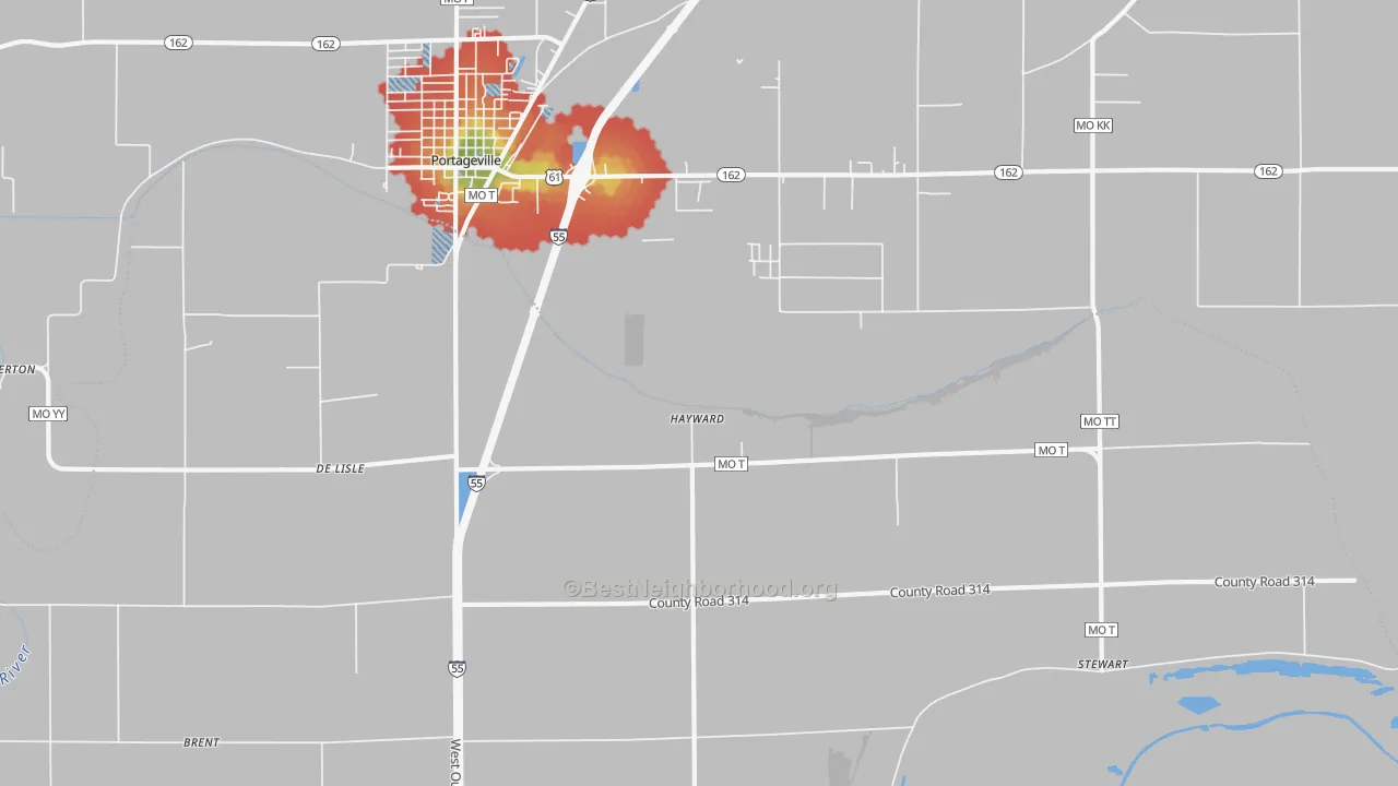Walk Grade map of Hayward, MO, walkable areas in green and car-dependent areas in red