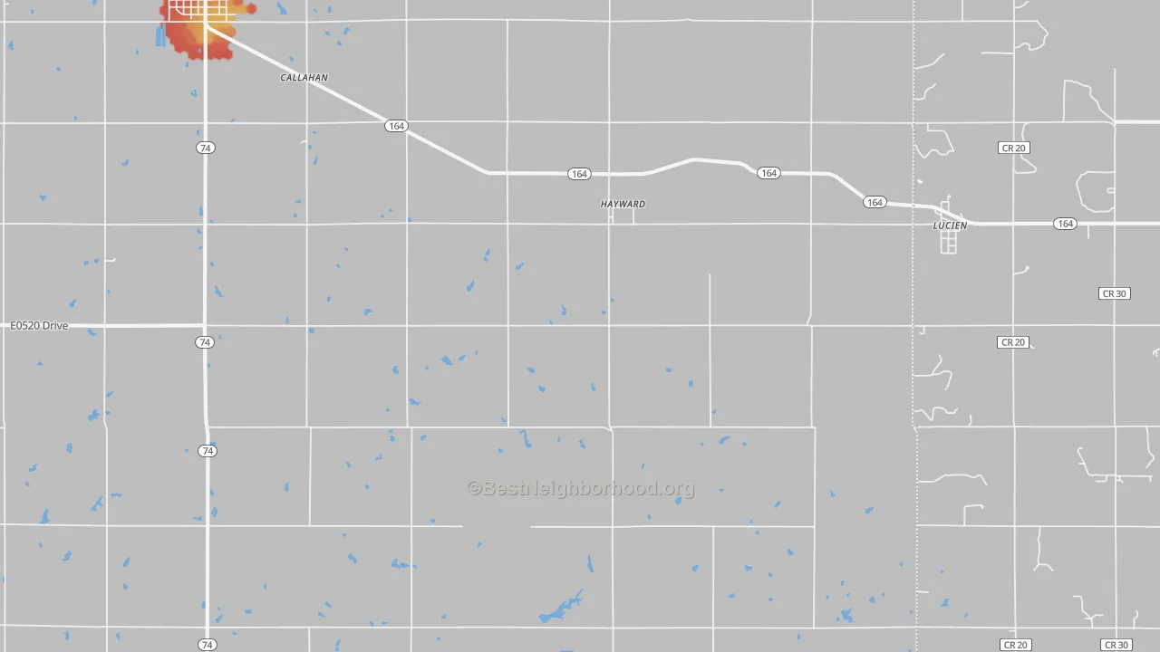 Walk Grade map of Hayward, OK, walkable areas in green and car-dependent areas in red