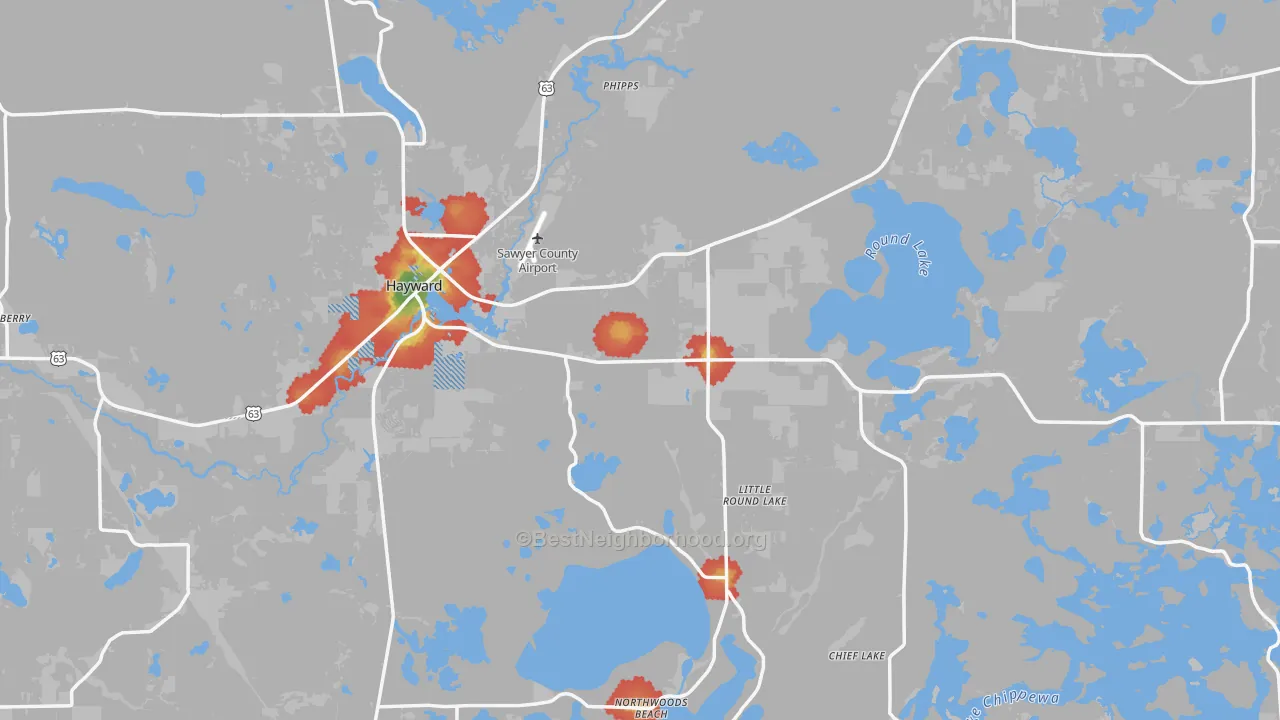 Walk Grade map of Hayward, WI, walkable areas in green and car-dependent areas in red