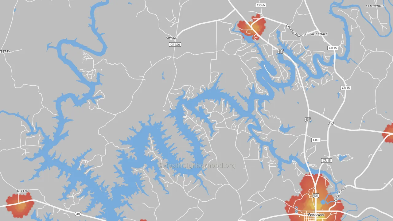 Walk Grade map of Haywood, AL, walkable areas in green and car-dependent areas in red