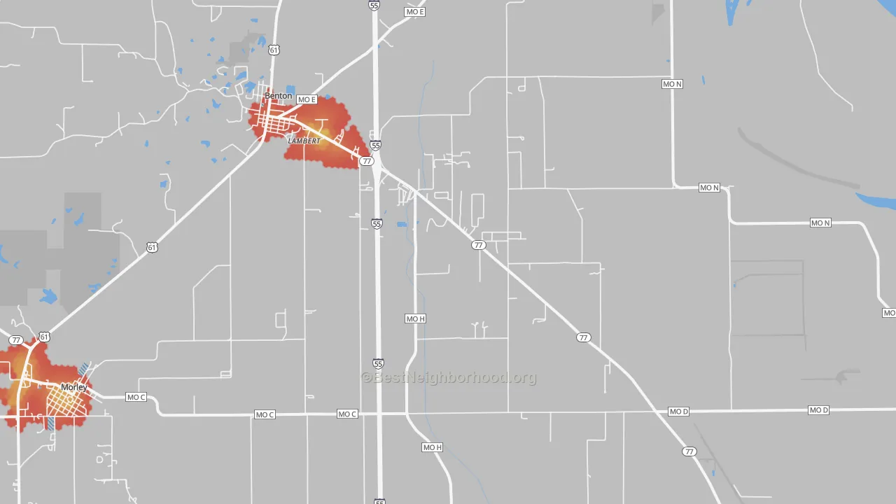 Walk Grade map of Haywood City, MO, walkable areas in green and car-dependent areas in red