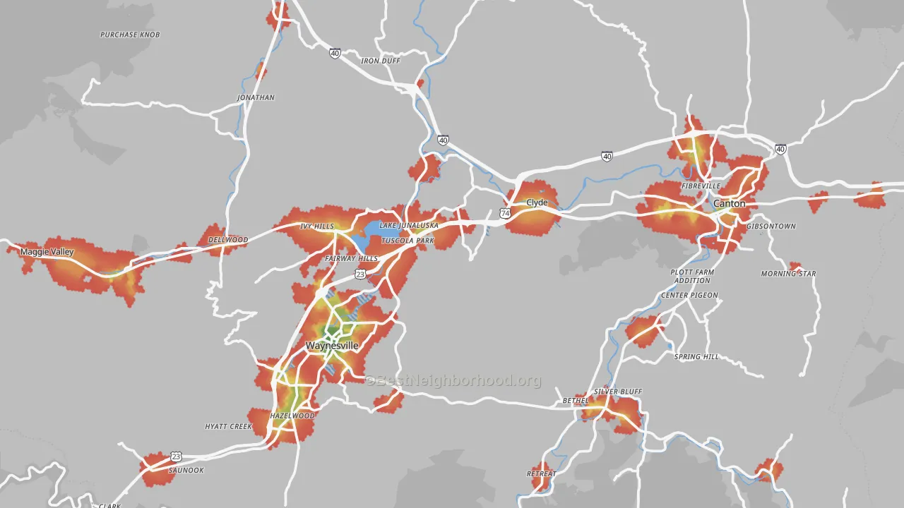 Walk Grade map of Haywood County, NC, walkable areas in green and car-dependent areas in red