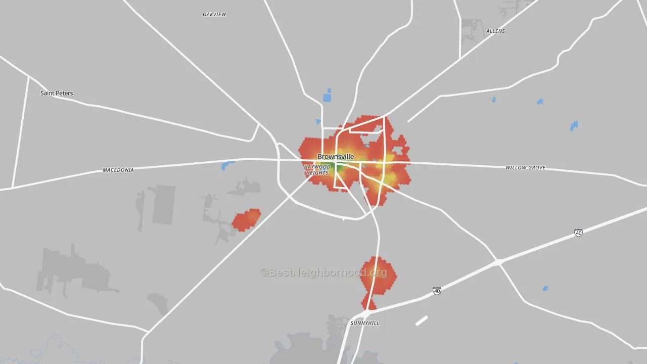 Walk Grade map of Haywood County, TN, walkable areas in green and car-dependent areas in red