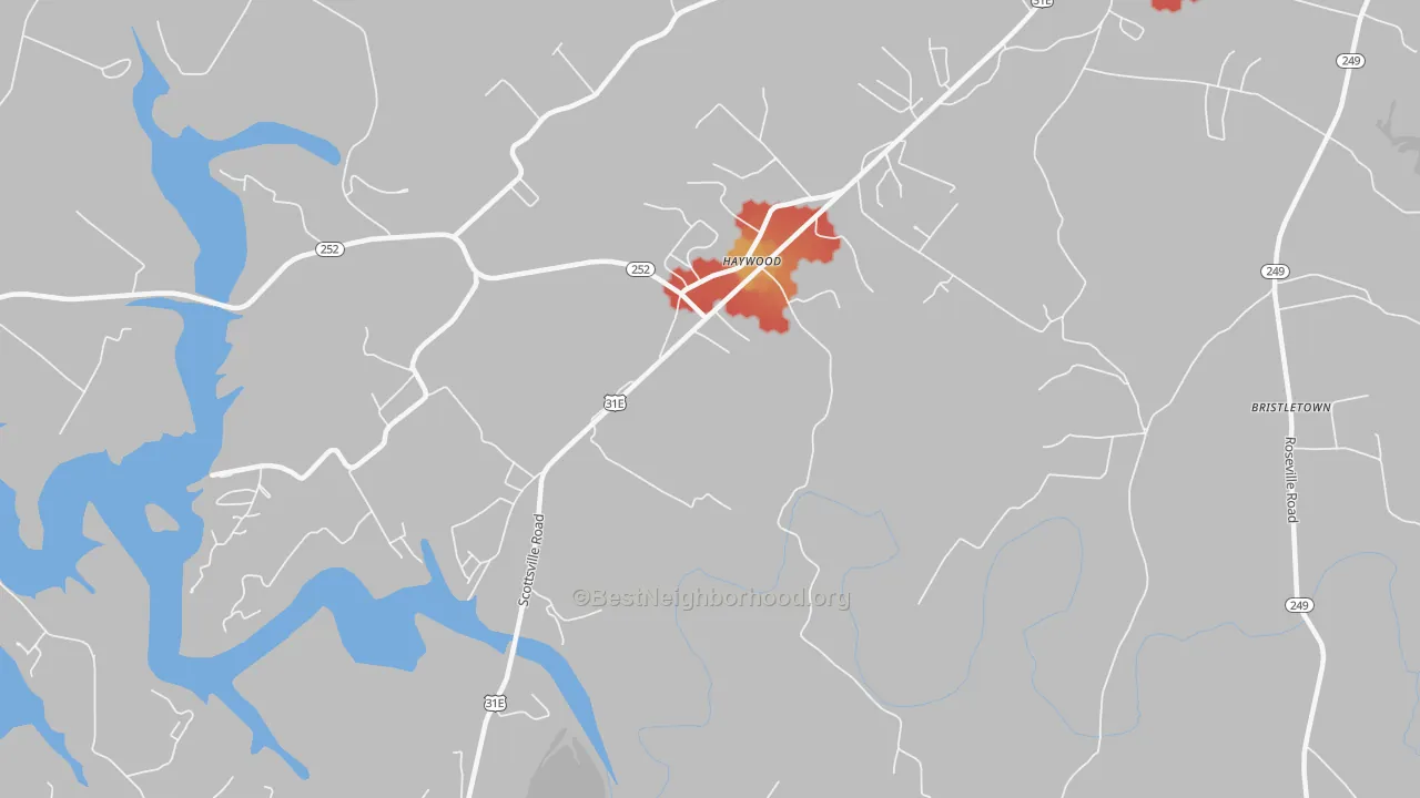 Walk Grade map of Haywood, KY, walkable areas in green and car-dependent areas in red