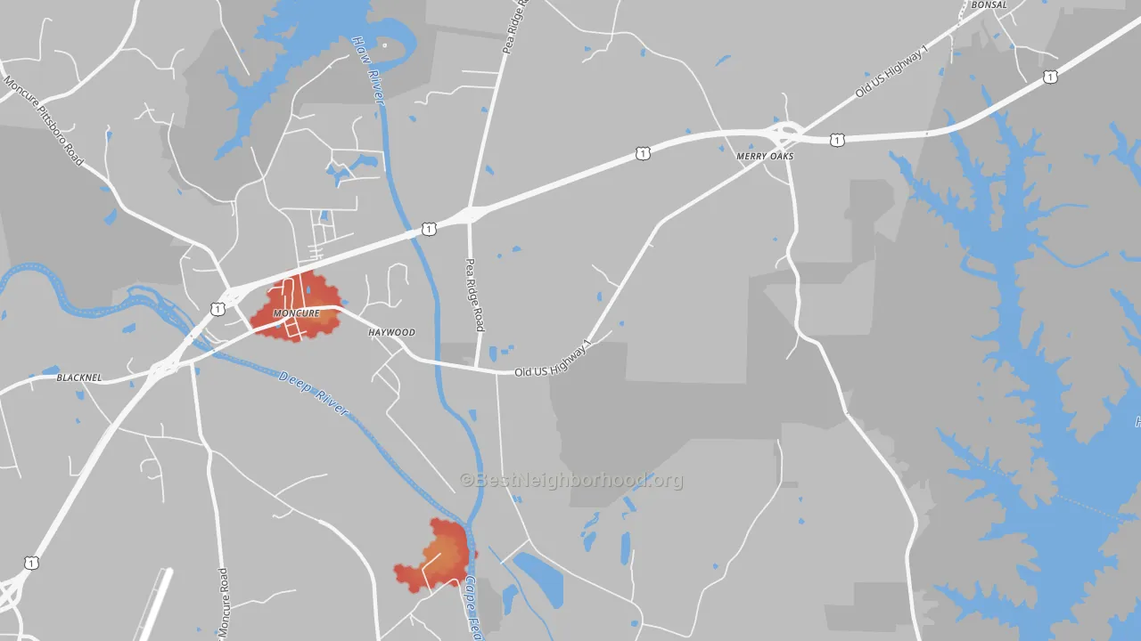 Walk Grade map of Haywood, NC, walkable areas in green and car-dependent areas in red