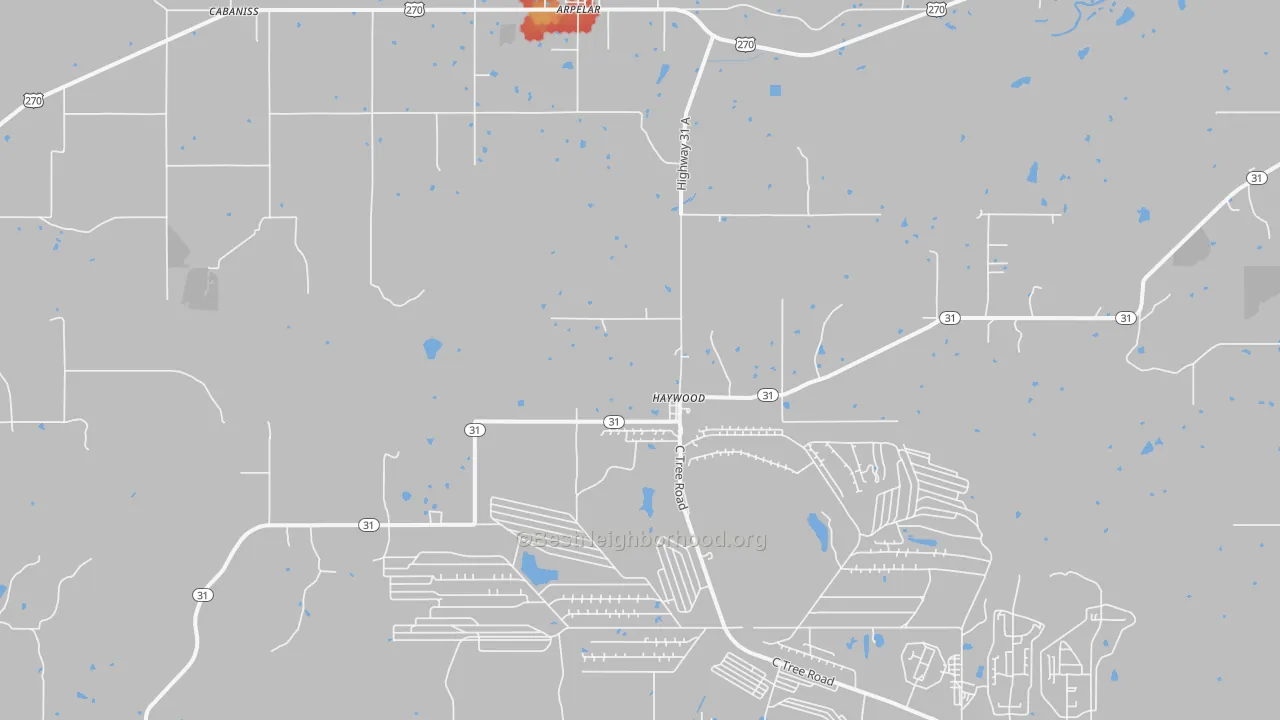 Walk Grade map of Haywood, OK, walkable areas in green and car-dependent areas in red