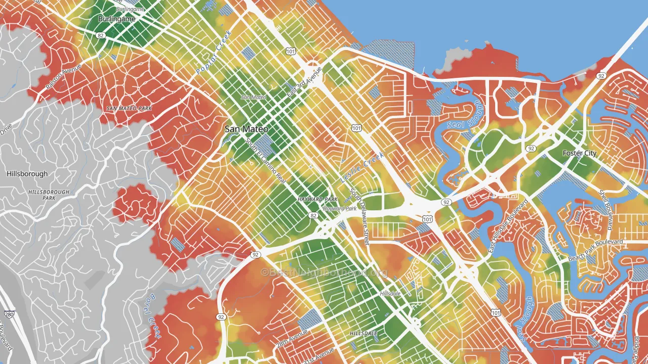 Walk Grade map of Haywood Park, San Mateo, CA, walkable areas in green and car-dependent areas in red