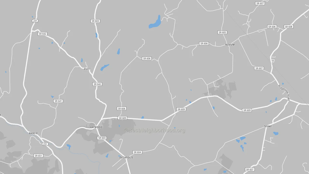 Walk Grade map of Haywood, VA, walkable areas in green and car-dependent areas in red