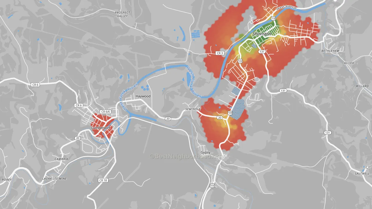 Walk Grade map of Haywood, WV, walkable areas in green and car-dependent areas in red