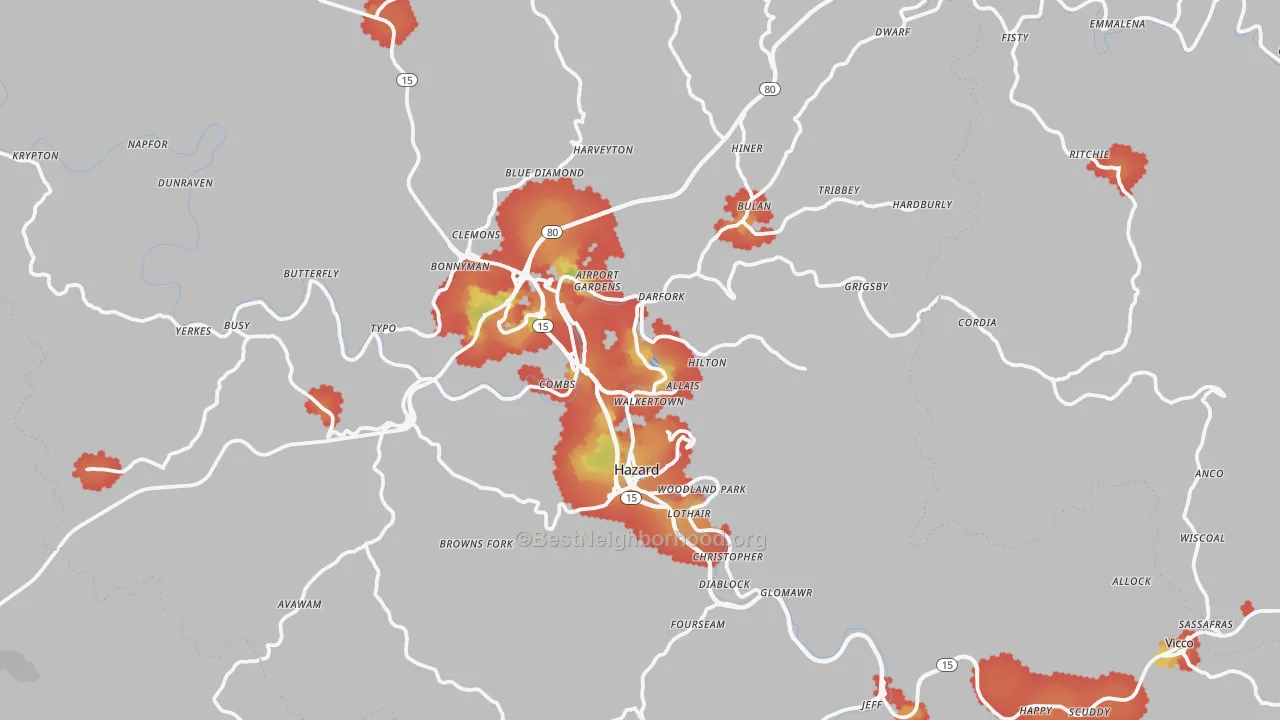 Walk Grade map of Hazard, KY, walkable areas in green and car-dependent areas in red