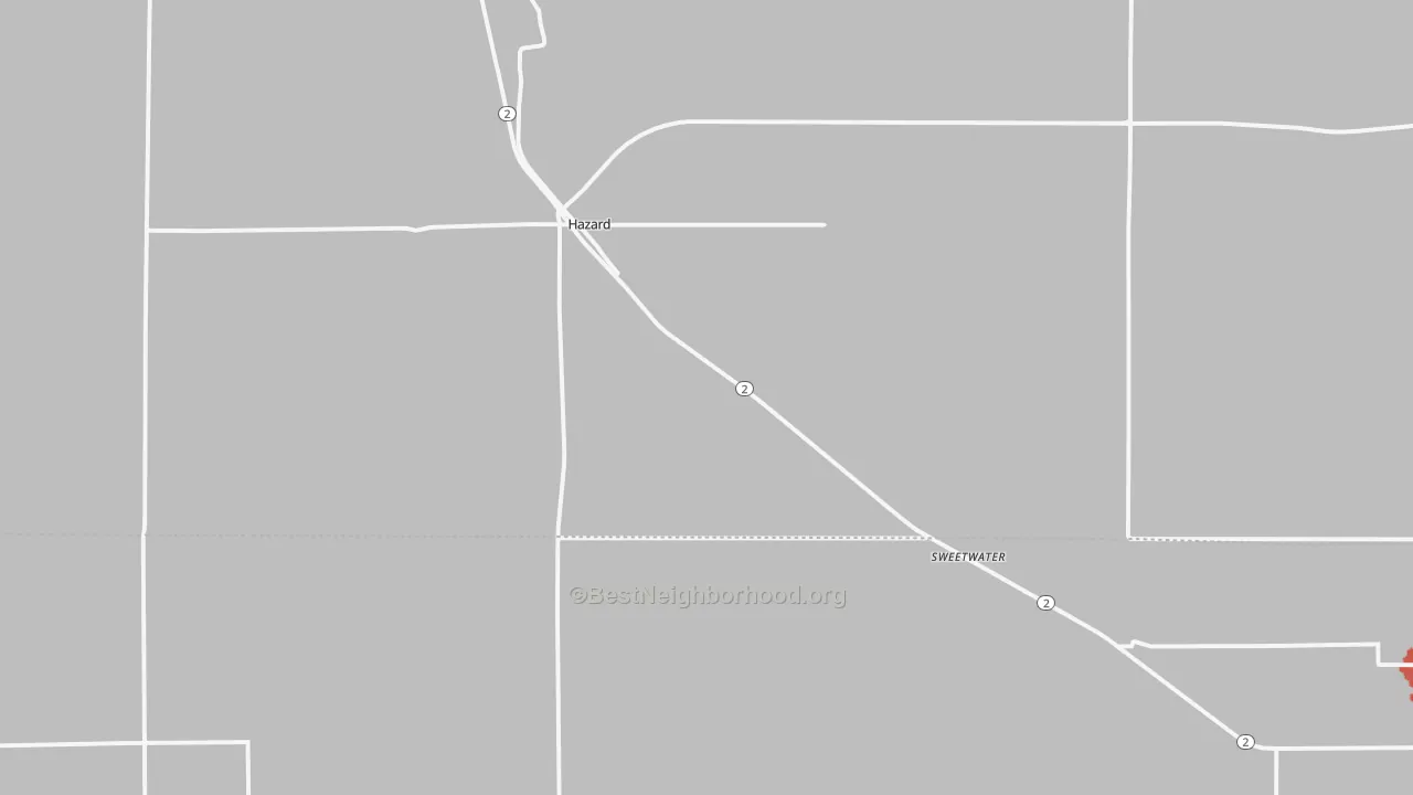Walk Grade map of Hazard, NE, walkable areas in green and car-dependent areas in red