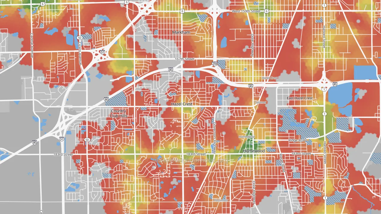 Walk Grade map of Hazel Crest, IL, walkable areas in green and car-dependent areas in red