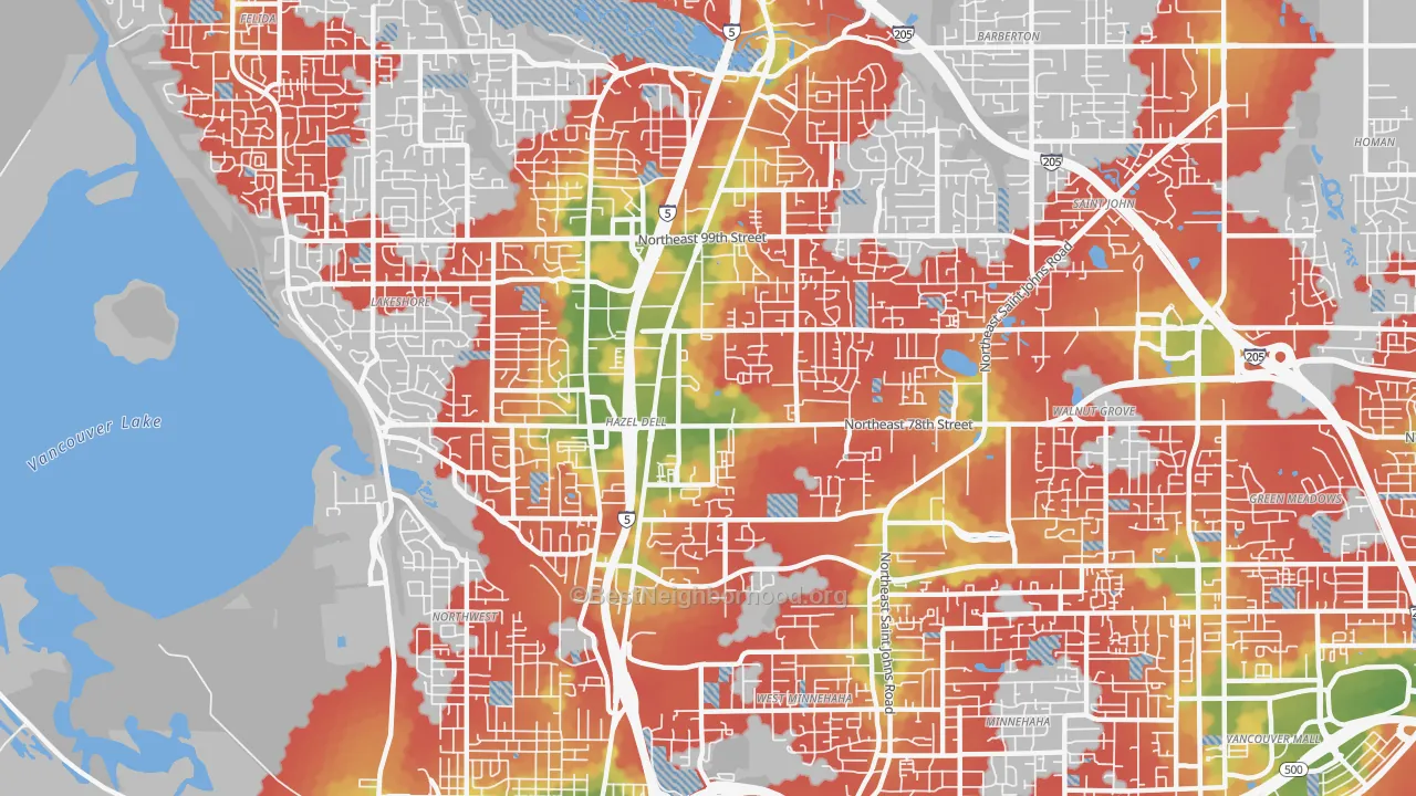 Walk Grade map of Hazel Dell, WA, walkable areas in green and car-dependent areas in red