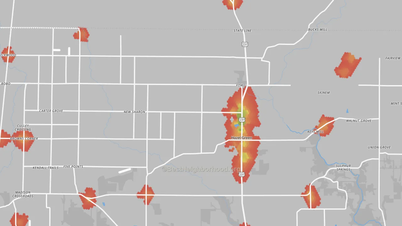 Walk Grade map of Hazel Green, AL, walkable areas in green and car-dependent areas in red