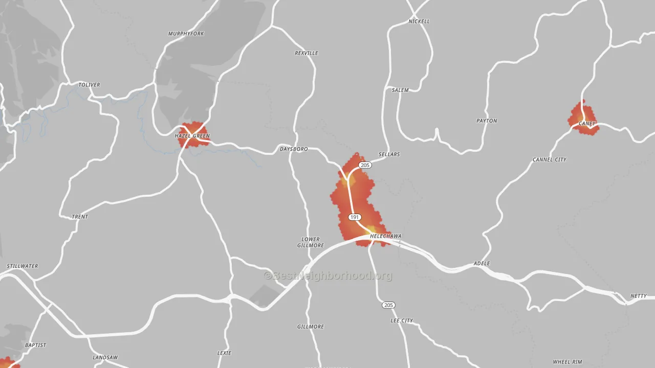 Walk Grade map of Hazel Green, KY, walkable areas in green and car-dependent areas in red