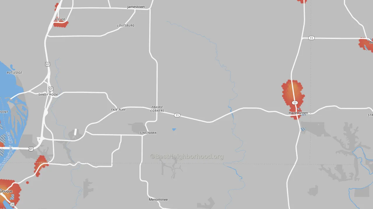Walk Grade map of Hazel Green, WI, walkable areas in green and car-dependent areas in red