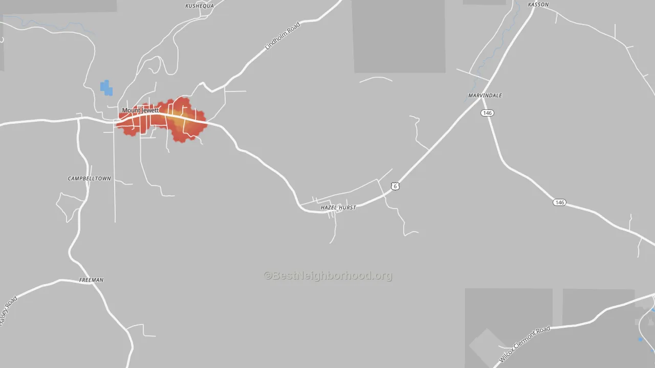 Walk Grade map of Hazel Hurst, PA, walkable areas in green and car-dependent areas in red